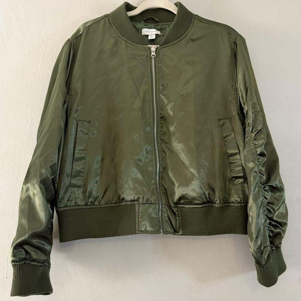 Chic Topshop Petite bomber jacket in a classic olive green shade. Features a ...